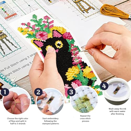 ORIGACH 6 Set Cat and Flower Cross Stitch Bookmark Kit for Beginner - style: Cat and Flower