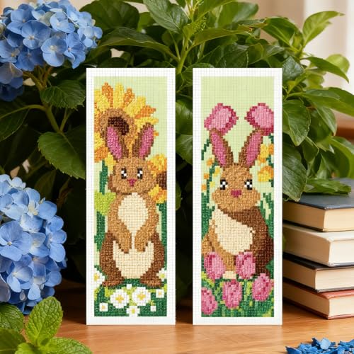 INFUNLY 6 Set Brown Rabbit DIY Cross Stitch Bookmark Kits for Adults Flowers Counted Cross Stitch Kit with Instructions Bunny Stamped Embroidery Bookmark Kit for Book Lovers Readers Gift - style: Rabbit