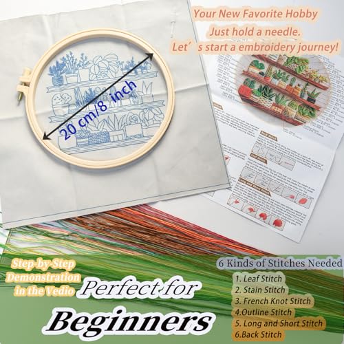 FONNUY Green Plant Embroidery Kit, Petite Potted Plants Patterns, Cross Stitch Kits for Adults and Beginners, Handmade Crafts with Printed Pattern Set, Thread Needlework, 8'' Hoop (Greeen A02) - color: Greeen A02