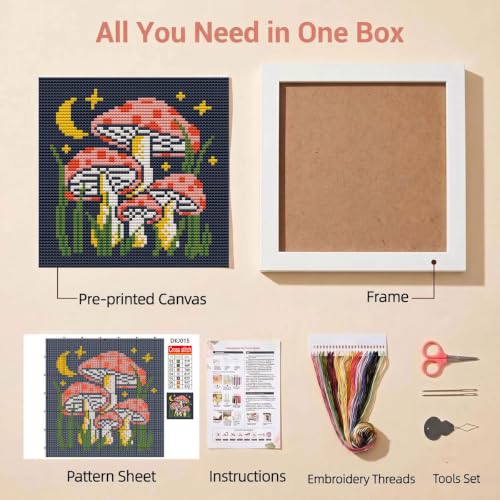 Mushroom Stamped Cross Stitch Kits for Beginners Adults with Framed - color: DKJ015