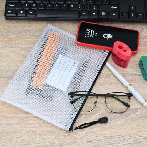 Plastic Mesh Zipper Pouch, 12Pcs Zipper File Bags with Label Pocket, A5 Size 9.2x6.7in, White - size: 9.2x6.7 in