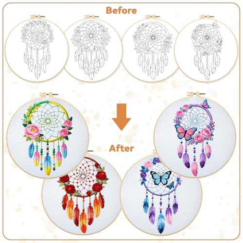 BEUNITONE 4 Set Dream Catcher Embroidery Kit for Beginners 7.9"x7.9" - style: D-Dreamcatcher