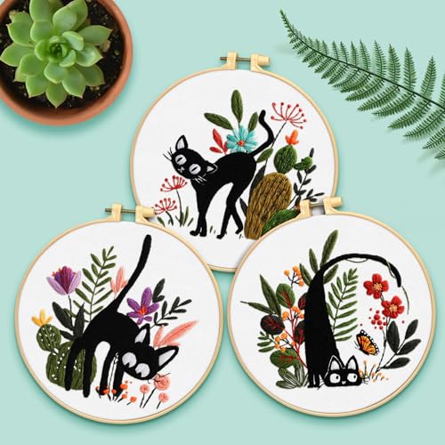 ERKOON 5 Sets Embroidery Kit for Beginners Adult Cat Cross Stitch - color: Black Cat