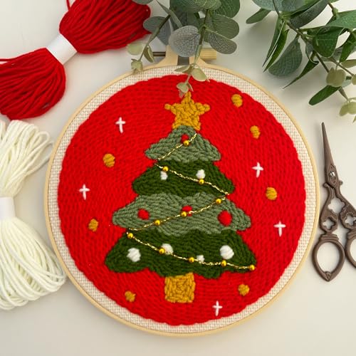 Myfelicity Punch Needle Kit, Punch Needle Kits Adults Beginner,Father Christmas and Christmas Tree Patterns, Complete with a Few Beads - color: red