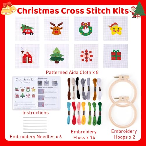 Pllieay 8PCS Christmas Cross Stitch Kit for Kids, Includes 8Pcs Christmas Patterns, 2Pcs Hoops and 14 Color Skeins, Fun & Easy Cross Stitch Kits for Beginners, Perfect for Crafts and Christmas Decor - style: Christmas