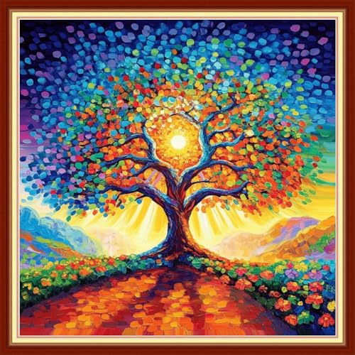 Redxing Stamped Cross Stitch Kits Embroidery kit for Beginners Adults Full Range of Embroidery Patterns Starter Kits DIY Printed Cross Stitch Kits Needlepoint Kits 11CT-Magical SunTree 18x18 inchs - color: Artskits16