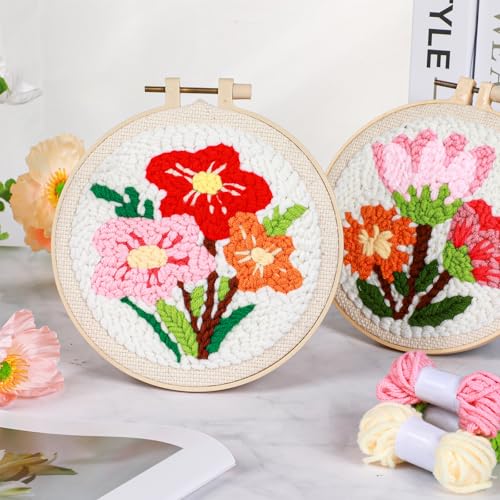 ojustbeok 1 Set Punch Needle Embroidery Starter Kits Includes Punching Needling Fabric with Pattern, Yarns, Embroidery Hoops, Sewing Needles, Instruction for Adults Beginner DIY Handmade Crafts Gifts