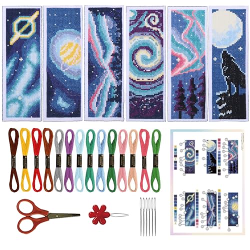ORIGACH 6 Set Cross Stitch Bookmark Kit for Beginner Starry Sky Pattern DIY Stamped Embroidery Bookmark Kit with 20 Colors Embroidery Floss Instructions 8''x2.4'' - style: Starry Sky