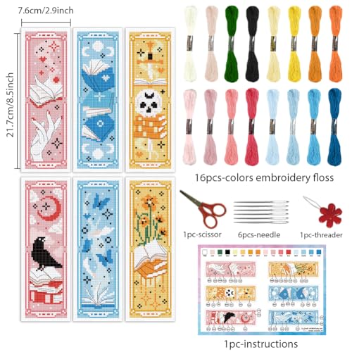 INFUNLY 6pcs Books Cross Stitch Bookmark Kit for Beginners DIY Butterfly Flower Stamped Embroidery Bookmark Kits Moon Bird Needlepoint Kit with Instruction Easy Cross Stitch Set for Book Lovers Reader - style: Dreamy Books