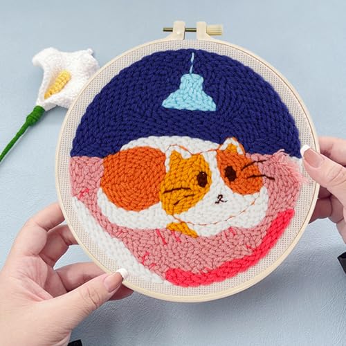 Woohome Punch Needle Kit Included Plastic Hoops, Punch Needle Cloth, Color Yarn and Punch Needle Tools for Adults, Beginners (Lazy Cat) - color: Color 24