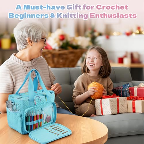 Dadanism Crochet Bag Organizer, Yarn Bag with Handle & Shoulder Strap - color: Blue