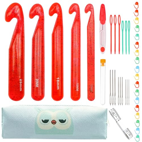 Hobekoee 43 Pcs Large Crochet Hooks Set,12mm 15mm 18mm 20mm 25mm Large Crochet Hooks for Chunky Yarn,Plastic Crystal Smooth Big Crochet Needles for Handmade DIY Crochet with Storage Bag - color: Red