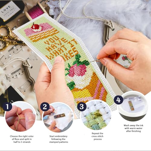 INFUNLY 6PCS Fruit Cake Cross Stitch Bookmark Kit for Adult 3×8.5inch DIY Inspirational Word Embroidery Bookmark Set with Instruction Birthday Cake Counted Cross Stitch Kit for Student Book Lover - style: Fruit Cake