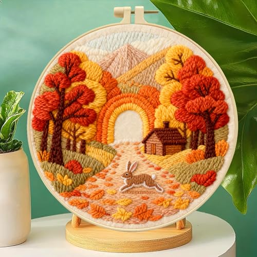 Zhenqing Autumn Forest Rabbit Embroidery Kit for Beginners, Fall Animal Craft Set with 20cm Hoop, Printed Design on 29x29cm Cotton Fabric, DIY Cozy Wall Art (C0162) - color: Autumn Forest Rabbit