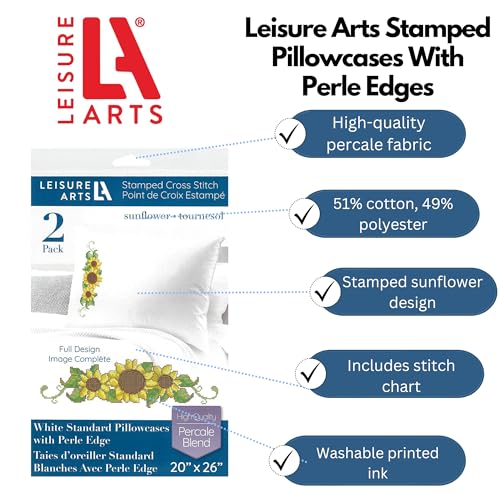 Leisure Arts Pillowcase 20"X26" Sunflower 2Pc, Embroidery Pillow Kit, Stamped Embroidery Pillowcases, Pillow Cases Stamped, Stamped Cross Stitch Cases - color: Multi Color