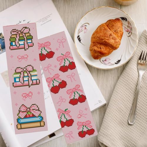 KYOQFVN 6 Pcs Pink Cross Stitch Bookmark Kit for Beginner, 14 CT Bow Stamped Cross Stitch Kits, Stamped Embroidery Bookmark Kit with Instructions Hand Craft - color: SQSZX-007-US