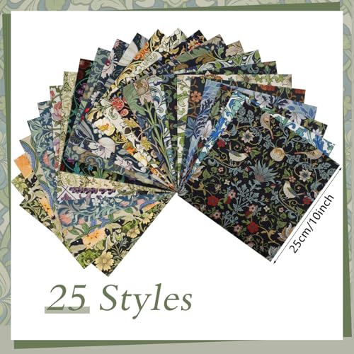 25 Pcs William Morris Cotton Fabric Squares, 10 x 10 Inch, Floral - color: William Morris Flowers