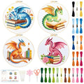 BEUNITONE 4 Set Embroidery Kits for Beginners with Dragon Pre-Print Patterns, DIY Craft Kits Include Instructions and 2 Embroidery Hoops, Cross Stitch Needlepoint Kits for Craft Lover and Home Decor - style: A-Dragon