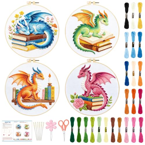 BEUNITONE 4 Set Embroidery Kits for Beginners with Dragon Pre-Print Patterns, DIY Craft Kits Include Instructions and 2 Embroidery Hoops, Cross Stitch Needlepoint Kits for Craft Lover and Home Decor - style: A-Dragon