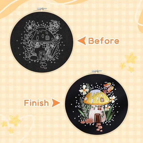 USEAMIE 3 Pack Embroidery Kit with Botanical and Floral Classic Prints, Embroidery Fabric, Needle and Thread, Adult Starter Needlepoint Embroidery Kits - color: Black pattern
