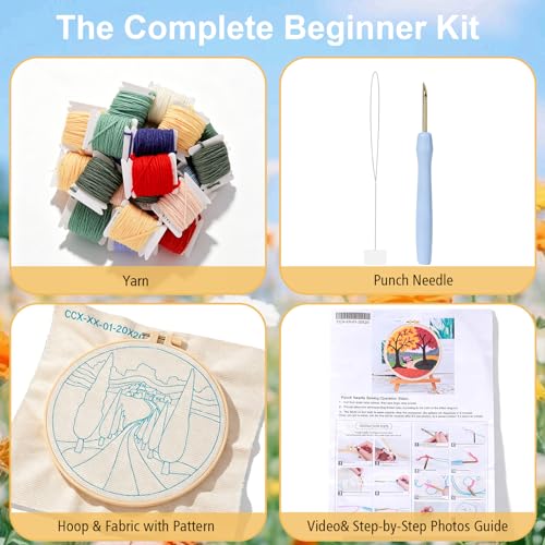 LACHLAND Punch Needle Kit for Beginners, Village Punch Embroidery DIY Craft Supplies with Hoop Yarn & Tool Handmade Wall Art Gift for Adults Teens Seniors Hobby - color: Park