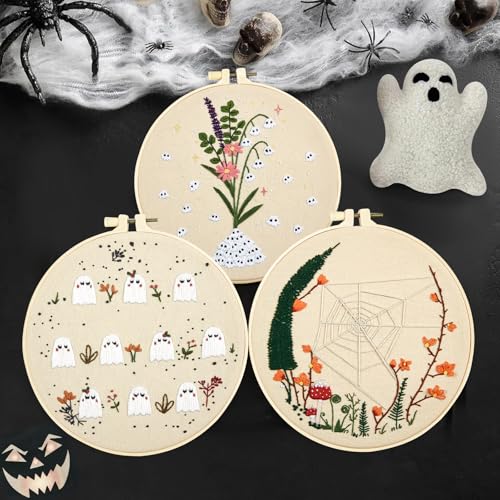 Crafmanoe Cute Ghost Embroidery Kit for Beginners Adults, Halloween Embroidery Starter Kits, Funny Counted Cross Stitch Kits for Beginner Adult Hobbies for Women, 3 Set Embroidery Hoop, Fabric, Thread - color: Cute
