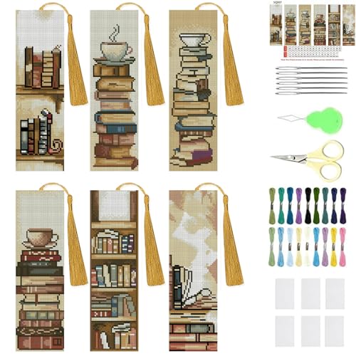 KYOQFVN 6 Pcs Book Cross Stitch Bookmark - 14CT Bookmark Cross Stitch Kit with Instructions, Needlepoint Bookmark Kit for Adult Beginners 6×20cm - color: SQSZX-002