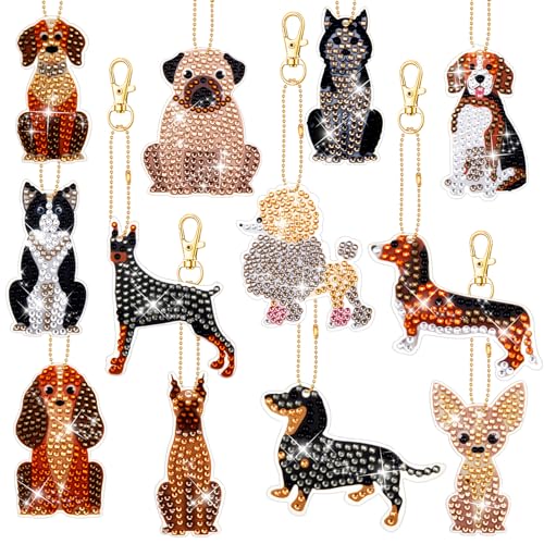 Junkin 12 Pcs Cross Diamond Painting Keychains, 5D DIY Craft Kits - style: Puppy