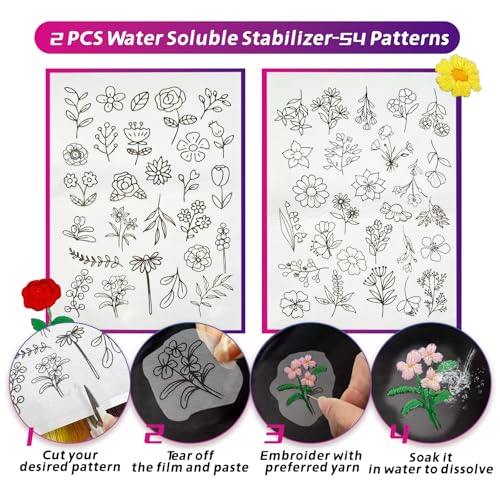 SNAIL GARDEN 256PCS Complete Embroidery Kit with Canvas Bag,2 Sticky Water Soluble Paper Stabilizers with 50 Patterns, 100 Colorful Threads, 5 Hoops, Fabric Pieces, Needle Threaders,Thread Organiser