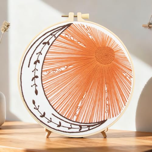 Crafmanoe Hand Embroidery Kits for Beginners Adults, Sun Moon Embroidery Starter Kits, Stamped Cross Stitch Kits DIY Needlepoint Kit for Beginners Adults, Embroidery Hoop, Thread and Video Tutorial - color: H2078
