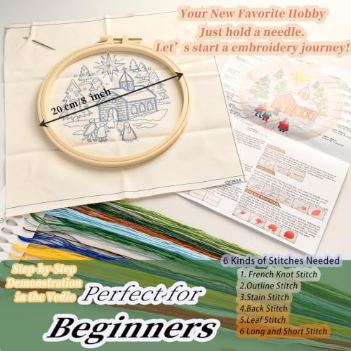 FONNUY Crewel Christmas Embroidery Kit for Beginners, Cross Stitch Set Winter Snow Scene Pine Owl Pattern for Adults, Easy to Follow Color Thread Needlework, 8'' Hoop (Tree and House 2) - style: Tree and House 2