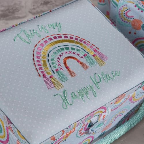Hobby Gift Medium Sewing Box Organiser, Fabric Covered Storage Box with Handle, Internal Tray, Pin Cushion and Pocket for Sewing, Quilting and Knitting Supplies - color: Rainbow