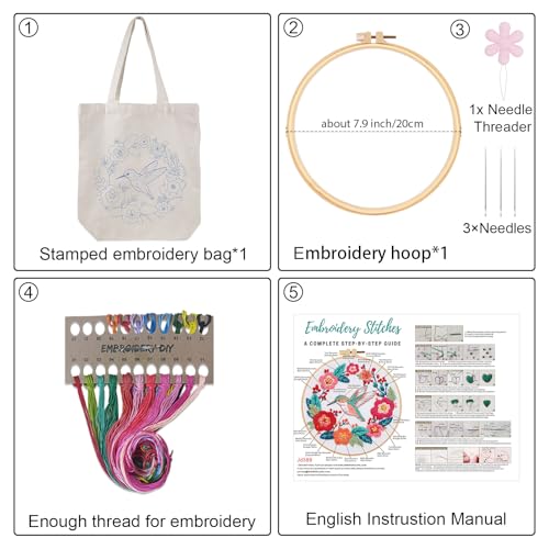 Louise Maelys Hummingbird Embroidery Kit Canvas Tote Bag for Beginners - color: Humming Bird