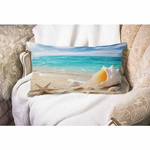 Smooffly Beach Starfish Farmhouse Oblong Rectangle Throw Pillow Case Starfish Shell Cotton Linen Cushion Cover Sofa Armchair Bedroom Livingroom 12x20 Inch - color: Md002