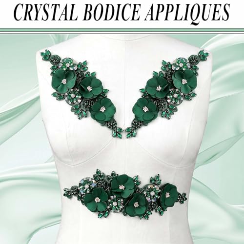 Handmade 3D Flower Embroidery Applique Rhinestone Lace Patch, Hunter Green - color: Hunter Green