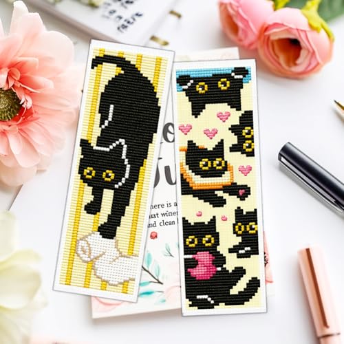 ACRNIGHEET 6PCS Cross Stitch Bookmark Kit for Beginner Stamped Cross Stitch Kits for Adults Naughty Black Cat DIY Tassel Embroidery Bookmark Kits Needlepoint Kit with Instructions Gift 8.5''x3'' 11CT - style: Cat Patterns