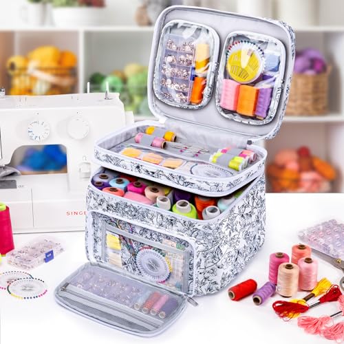 AMOIGEE Large Sewing Basket with 2 Detachable Pouches & Removable Dividers - color: Garden Harvest