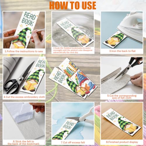 FREEBLOSS 6 Set Cross Stitch Bookmark Kit 11 CT Stamped Cross Stitch Kit DIY Embroidery Bookmark Kits for Adult Beginners with Instructions, Gnome Pattern, 6 x 20 cm/8" x 2.4" - style: Books and Dwarfs