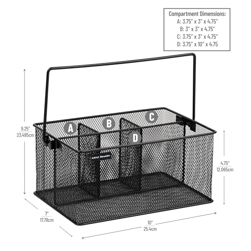 Mind Reader Multi-purpose Storage Caddy with Handle, Desktop Organizer, Cutlery Holder, 4 Compartments, Metal Mesh, Black - color: Black, size: Single