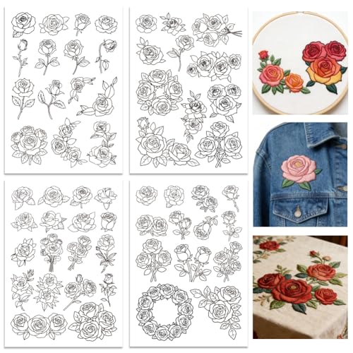 ORIGACH 4 Sheets Rose Floral Water Soluble Embroidery Patterns Stabilizers - Pre-Printed Blooming Rose & Floral Wreath Designs - Stick & Stitch Embroidery Paper for Hand Sewing Lovers - color: Rose