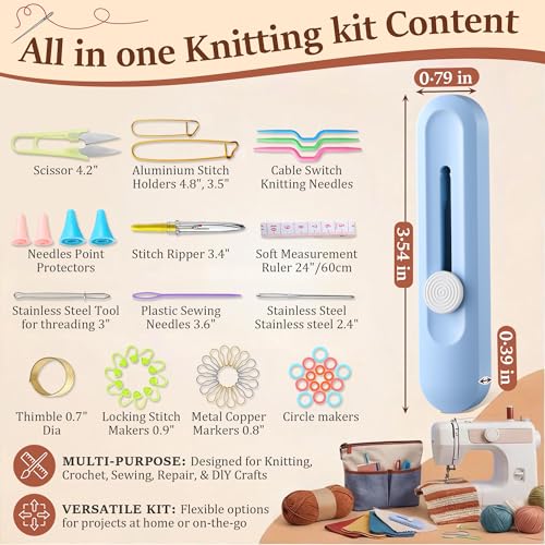 Gulfmew All in One Knitting Kit with Automatic Needle Threader, Sewing Accessories Set with Scissors, Stitch Markers & Portable Storage Case, Easy Threading Tool for Beginners, Crochet & DIY Crafts