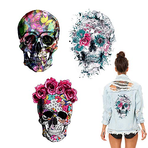 Skull Stickers Patches Halloween Supplies Red Rose Flower Butterfly Feather Iron on Heat Transfer Decals for Jacket Jeans Clothes DIY Decorations 3 Large Size Decals