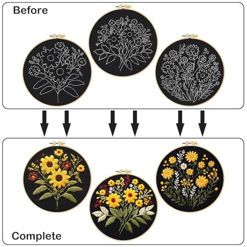 57lilina Embroidery Kit for Beginners, Pack of 3 with Hoop, Threads, Needle - color: Flower C