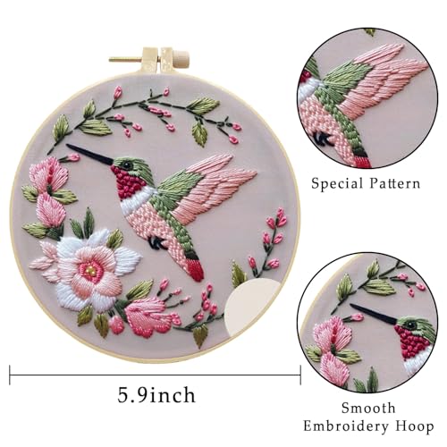 LB 3 Pack Hummingbird Flower Embroidery Kit for Beginners Funny Simple Beginner Embroidery Kit for Adults DIY Starter Kit with Embroidery Hoop Colorful Threads Tools Step by Step Instructions - color: Pink