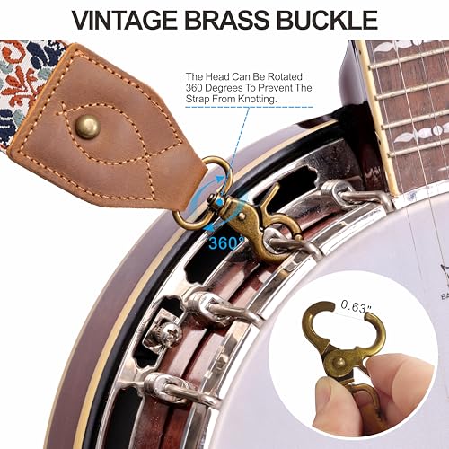 Nefelibata Banjo Strap,2"Wide Double Crazy Horse Leather Jacquard Embroidery Strap Adjustable Replacement,Multi-pattern Strap With Metal Clips - color: A#-brown Blue Jacquard