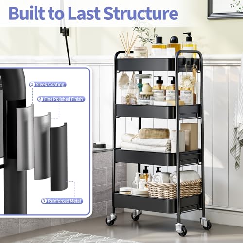 TOOLF 4 Tier Metal Rolling Cart, Utility Storage Cart with Wheels, Black - color: Black, size: 4-Tier