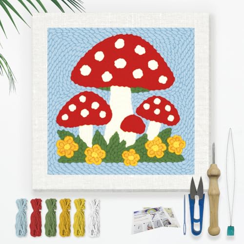 Doodlream Mushroom DIY Punch Needle Embroidery Kit for Adult Beginner, 9.4" Mushroom Punch Stitching Craft Set for Starter with Frame, Fabric Pattern, Threader, Yarn, Pinch Needle - color: Mushroom
