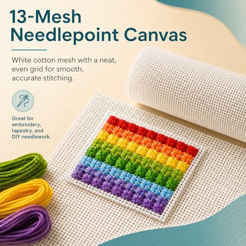 13 Mesh Needlepoint Canvas,18" x 14" Premium White Cotton Blank Embroidery Fabric, Rolled in Protective Cardboard Box with Bonus Artist Tape for Easy Stitching