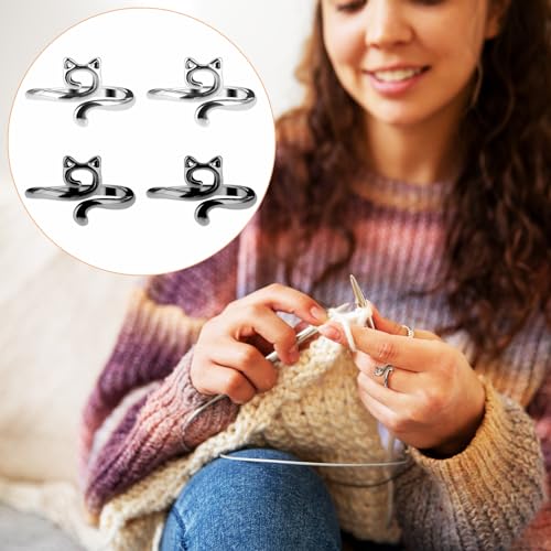 YUXIANLB 4pcs Knitting Crochet Loop Ring for Fingers Metal Open Yarn Guide Crochet Rings Adjustable Braided Faster Knitting Thimbles Holders Accessories for Crochet Mother Grandma Gifts (Cat Style) - color: 2Silver,2Black