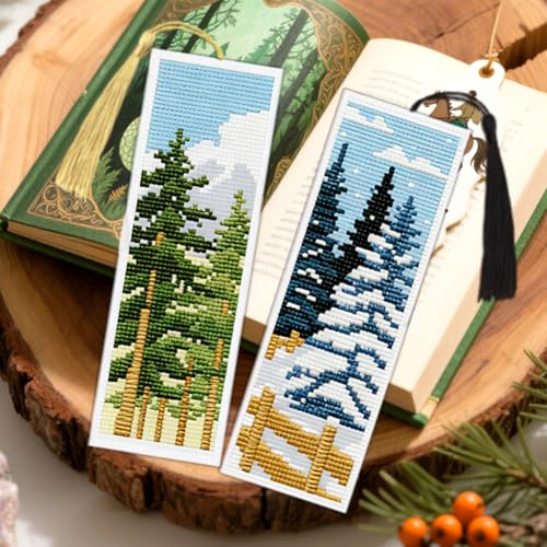ACRNIGHEET 6PCS Cross Stitch Bookmark Kit for Beginner Pine Stamped Cross Stitch Kits Needlepoint Kit for Adults DIY Tassel Embroidery Bookmark Kits with Instructions Craft Gift 8.5"x3" 11CT - style: Pine Tree Patterns